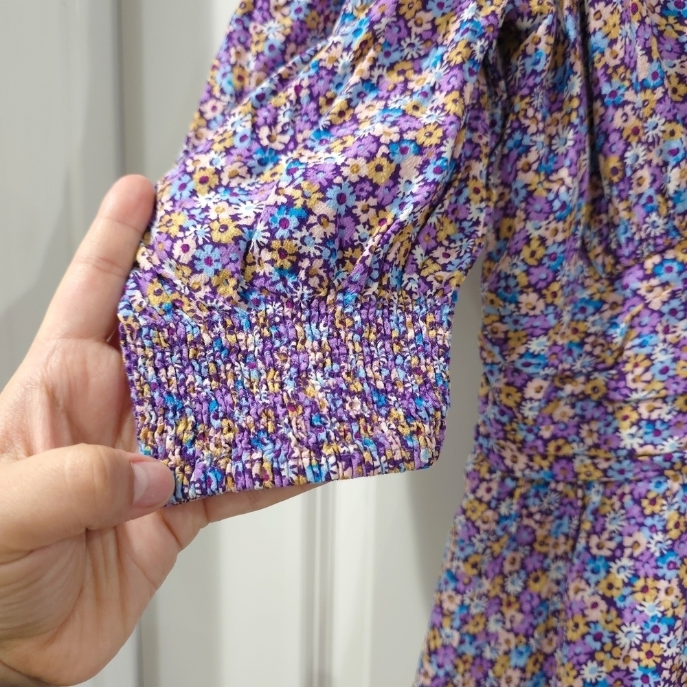 Zara Purple Blue Yellow Floral Puff Smocked Sleeve Sundress Mini, Deep Vneck, S - Picture 7 of 16